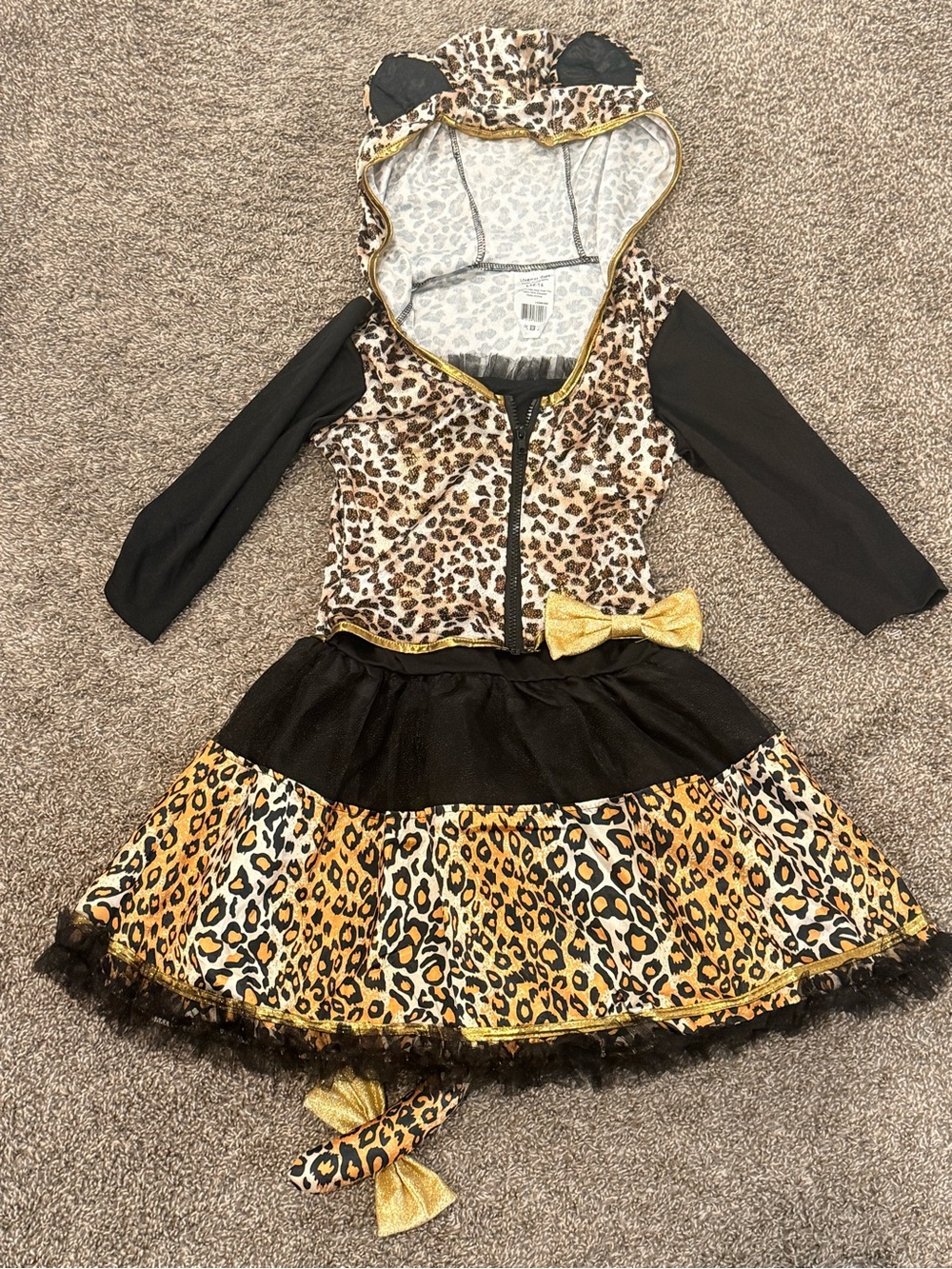 Girls Leopard Print Hooded Costume Dress with Gold Bow